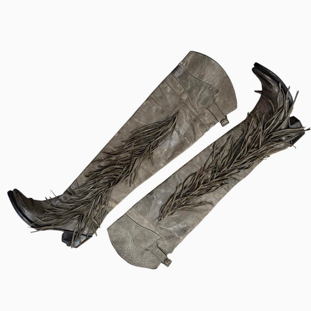 Free People Ash Astonian Butch Fringe Western Leather OTK Boots - Picture 7 of 12